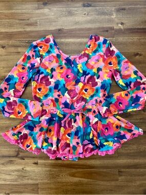 Cheeky Plum Girls Farrah Skirted Leotard Garden Strokes 12 Pink Floral Colorful